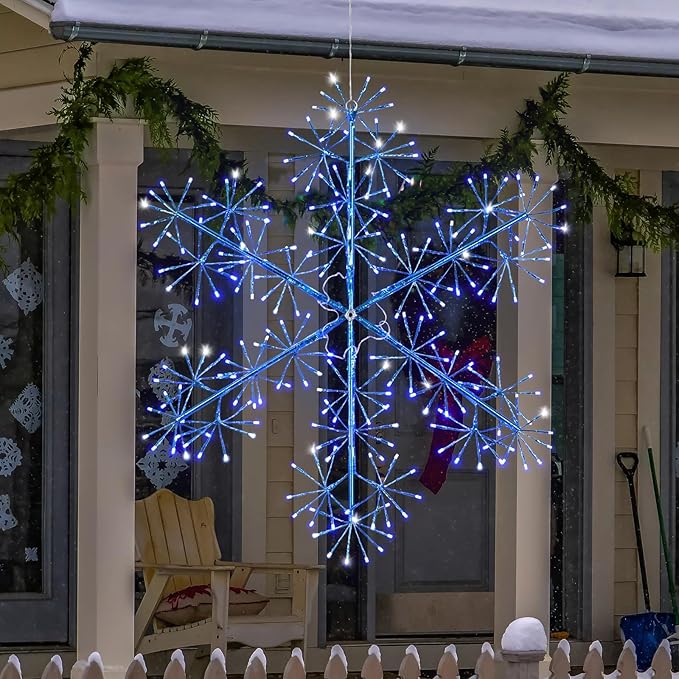 Hanging Christmas Snowflake Lights, 30’’ Large Blue Snowflake with 240 Blue LEDs Twinkle for Indoor Outdoor Decorations