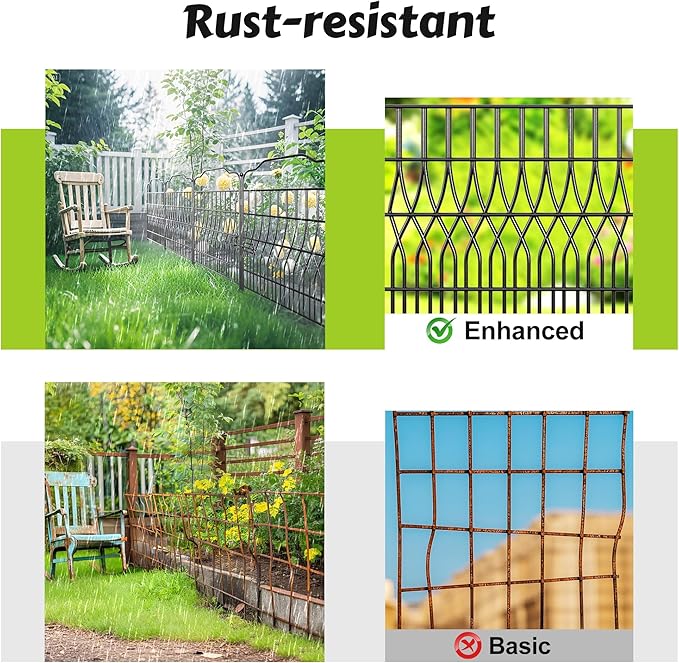 Bepatio 5 Panels Tall Garden Fence with Latch, 43.3in (H) x 14.8ft (L) Dog Fence Outdoor for Yard, Arc Metal Fencing Panels, Animal Barrier Fencing for Outdoor, Patio, Flower Bed