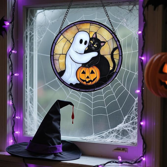 Stained Glass Window Hanging - Halloween Decorations Cute White Ghost Black Cat Suncatcher for Doors Garden Spooky Sun Catchers Gothic Decor Horror Gifts for Women Men Friend Boy 7.8 in