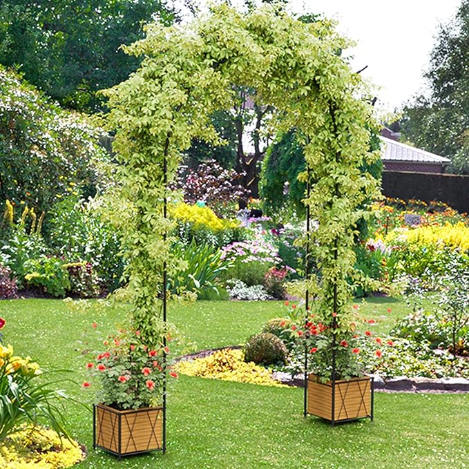 Metal Garden Arch Trellis for Climbing Plants Outdoor, Garden Arbors Archway Arched Trellis with Planter Boxes, Wedding Arches for Ceremony Arch Backdrop Stands for Party Christmas Decorations, Black