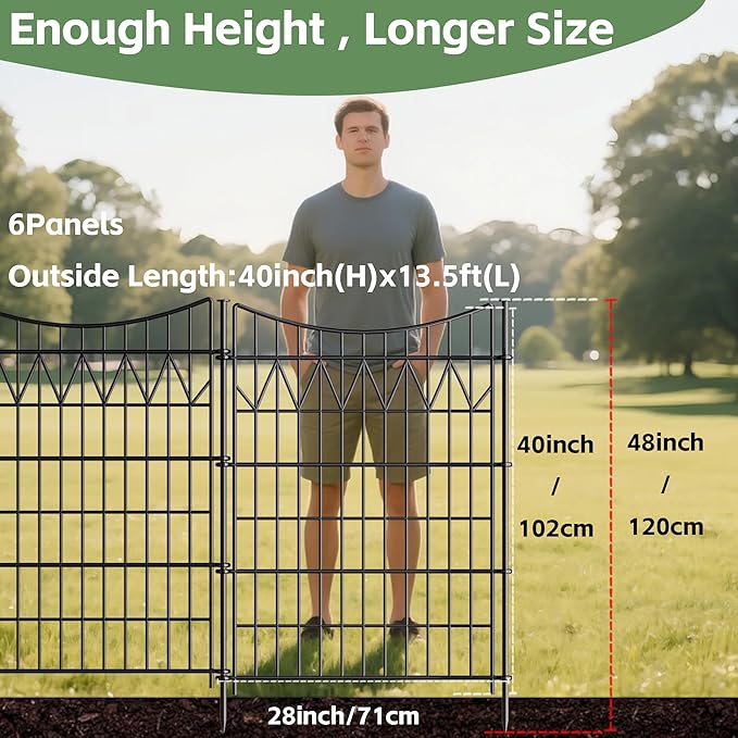 6 Panels No Dig Decorative Metal Fence for Yard, 40in(H)×13.5ft(L) Reusable Tall Garden Fence | Rustproof Animal Barrier with Extra-Long Ground Stakes | Temporary Durable Border Fence for Dog, Black