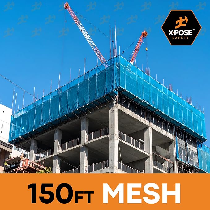 Xpose Safety Construction Safety Debris Netting - 150 Ft Temporary Material Roll, 1/4" Mesh Scaffold Net Enclosure, Visibility Barrier, Fencing Roll, Heavy Duty Fire Retardant 5.5 ft x 150 ft, Blue