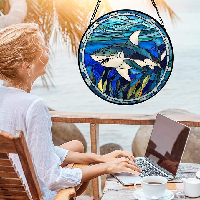 Stained Glass Suncatcher, Blue Ocean Big Shark Sun Catcher Waterweed Stain Glass Window Hanging Decoration Mother's Day Birthday Gifts for Women Men Mom Nana 9.8 in