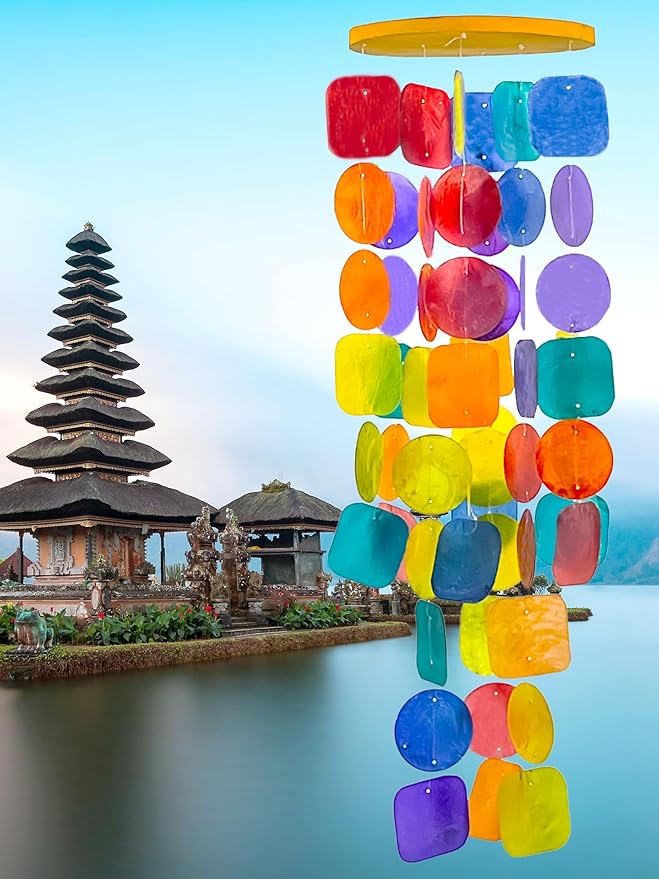 Bellaa Wind Chimes Outdoor, Garden Decorations, Musical, Indoor/Outside Windchimes, Beach, Ocean, Breeze, Gifts for Mom, Gift for All Occasions, Capiz Sea Glass Shells Wood 1 Rainbow
