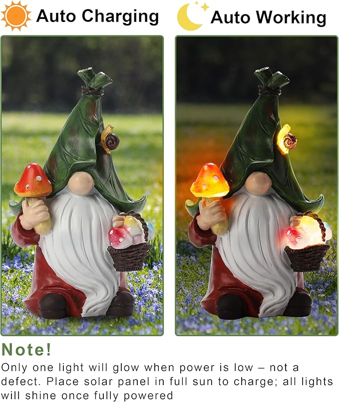 Gnome Solar Garden Statue with 3 LED Lights, Mushroom-Picking Gnome Statue Outdoor Decor for Patio, Yard, Balcony, Lawn Ornament, Unique for Mom