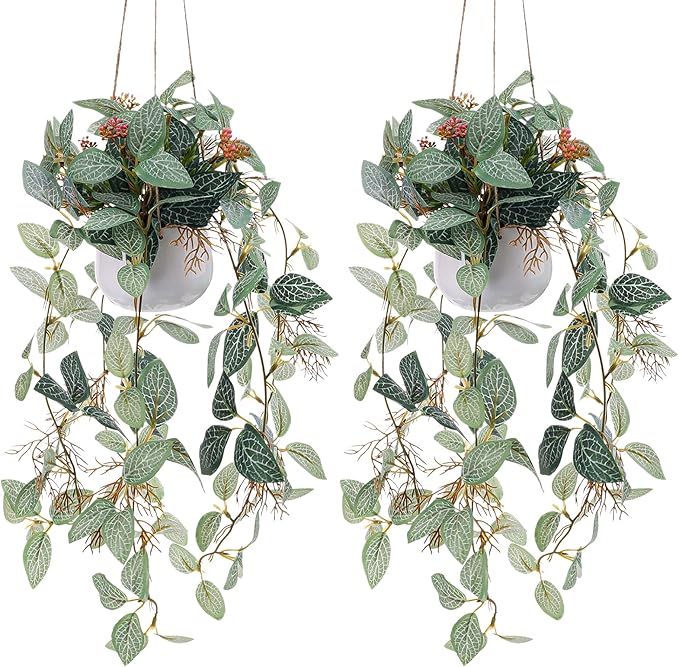 2pcs Fake Hanging Plant with Pot Small Artificial Hanging Potted Plants Indoor Decor Faux Greenery Hanging Vines Wall Decor for Bedroom Shelf Outdoor Garden Decoration