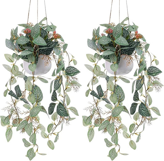 2pcs Fake Hanging Plant with Pot Small Artificial Hanging Potted Plants Indoor Decor Faux Greenery Hanging Vines Wall Decor for Bedroom Shelf Outdoor Garden Decoration
