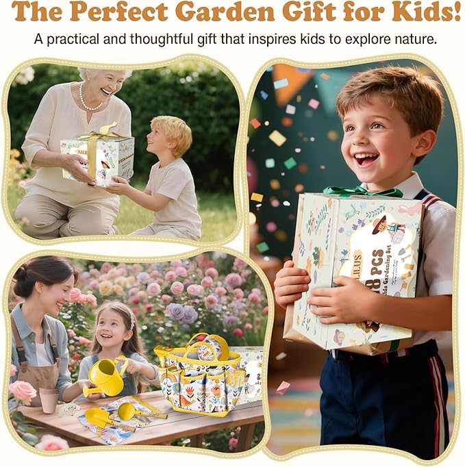 Kids Gardening Tool Set 18PCS Kids Toddler Gardening Set Includes Tote Bag Watering Can Apron Hat Rake Shovel Spoon Gloves Plant Pots and Labels, Outdoor Toys Gift for Boys Girls (Yellow)