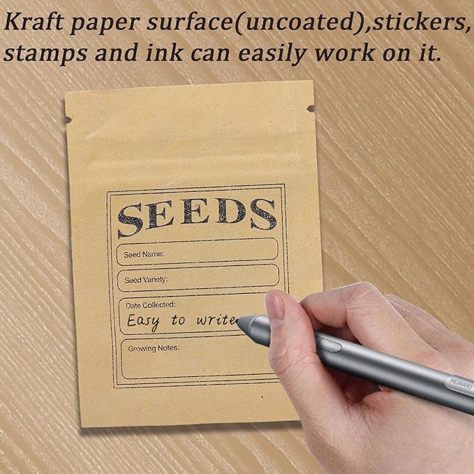 FERENLI 100 Pack Seed Envelopes Packets with Clear Window 2.7x3.7 inch Small Resealable Brown Kraft Paper Bags with Preprinted Collecting Template for Storage Organizing Flower Vegetable Seeds