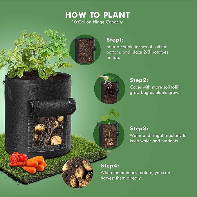 3 Pack of 5-Gallon Potato Planting Bags with Harvest Viewing Window, Thickened Breathable Non-Woven Planters with Handles - Ideal Fabric Planting Containers for Plant Potatoes (Khaki/Green/Black