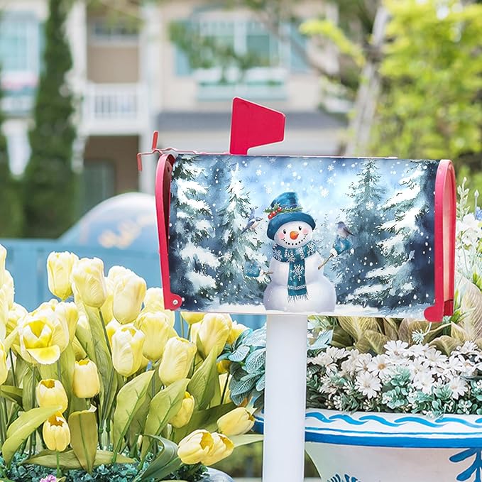 Blue Winter Magnetic Mailbox Cover Snowman Mailbox Cover Magnetic Standard Size 21 X 25.5 Inch Christmas Tree Mailbox Post Cover Mailbox Wraps Mailbox Decor for Home Garden Outdoor Yard