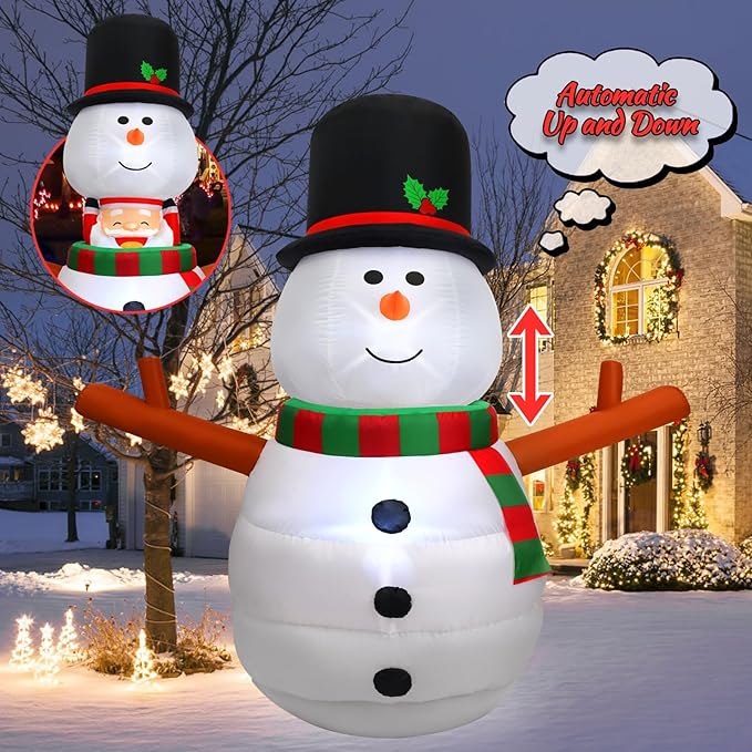 6FT Christmas Inflatable Outdoor Decorations Animated Snowman Santa Claus Pop Up Xmas Blow Ups Holiday Yard Decor with LED Lights Winter Lighted Snow Man Blowup for Outside Indoor Party Lawn Garden