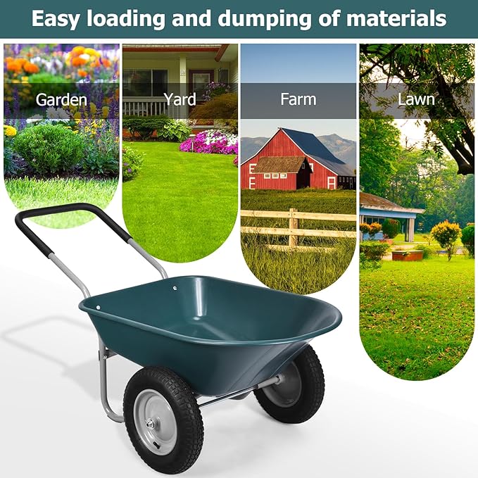 ERGOMASTER Dual-Wheel Wheelbarrow, Home Utility Garden Cart, 330 LBS Capacity, Large Heavy Duty Yard Cart for Gardening & Planting, Lawn, Farm, Construction Site, Green