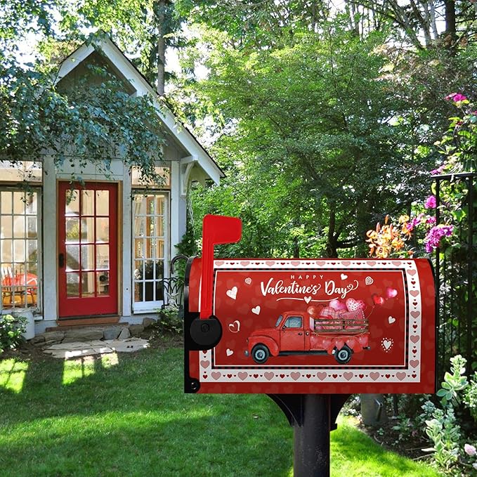 Happy Valentine's Day Mailbox Cover Red Truck and Heart Mailbox Wrap with Magnetic Strip Love Holiday Mailbox Post Letter Box Cover Standard Size 21" X 18" for Outdoor Decor