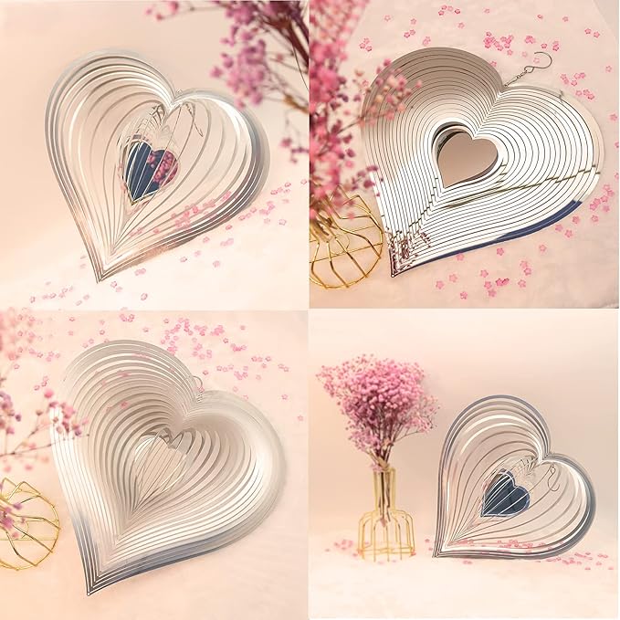 DJUAN Wind Spinner Outdoor Metal Decorations,Silver Heart Wind Spinners for Yard and Garden,Stainless Steel Wind Chimes for Outside Decor,Birthday Gifts for Mom,Mother's Day,Aunt Gifts