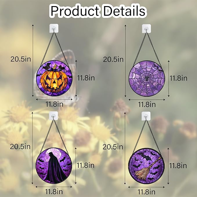 Stained Glass Window Hanging 4 Pcs Set Purple Gothic Theme Large 11.8" - Horror Halloween Suncatcher Door Garden Sun Catcher Decor Birthday White Elephant Gifts for Mom Woman Men Friend