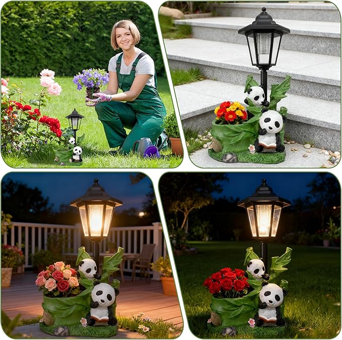 Panda Outdoor Statue with Solar Lantern Flowerpot for Garden Decor Panda Sculpture Figurine Bamboo for Patio Balcony Yard Lawn Decorations Gifts for Women Mom