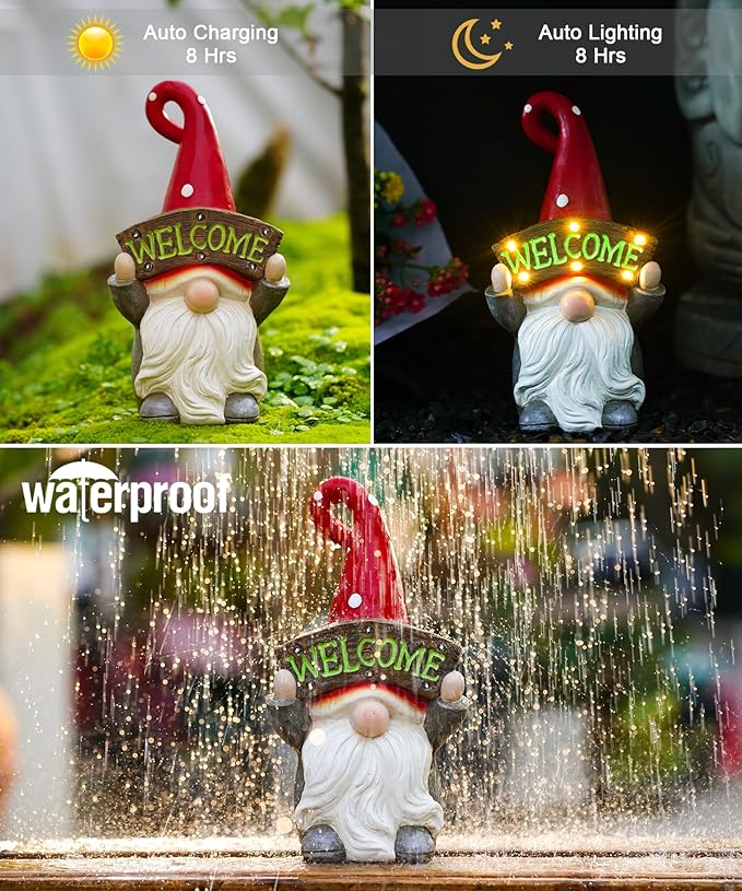 Nacome Solar Gnome Statue for Garden Decor: Outside Sculpture with Welcome Sign Clearance for Yard Art Lawn Ornaments Porch Patio Balcony - Birthday Gifts for Grandma Mom Women(Red)