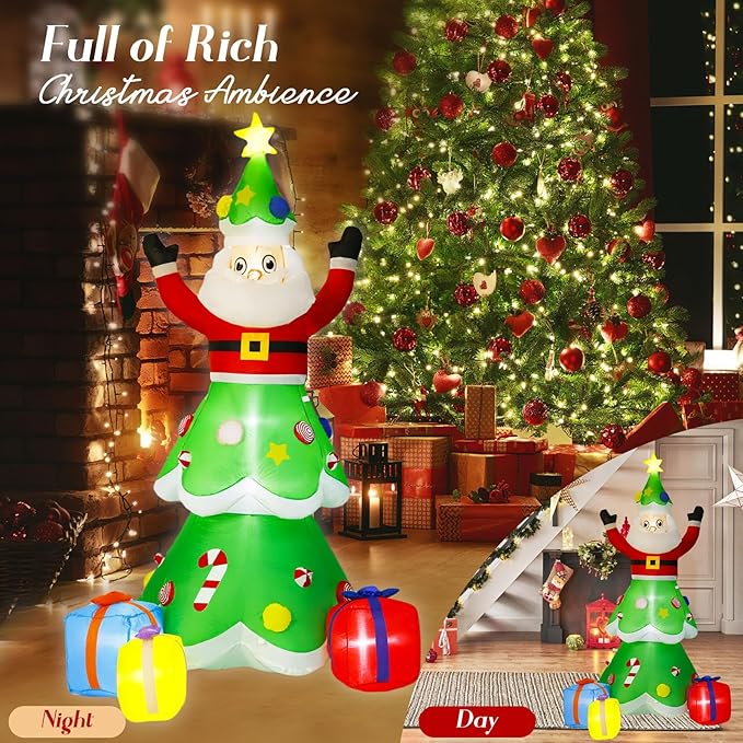 8-Foot Christmas Tree Outdoor Yard Inflatable Decoration with Christmas Santa Claus Decorations (with LED Lights), Includes Gift Box, Perfectly Suitable for Christmas Holiday Lawns and Garden Parties