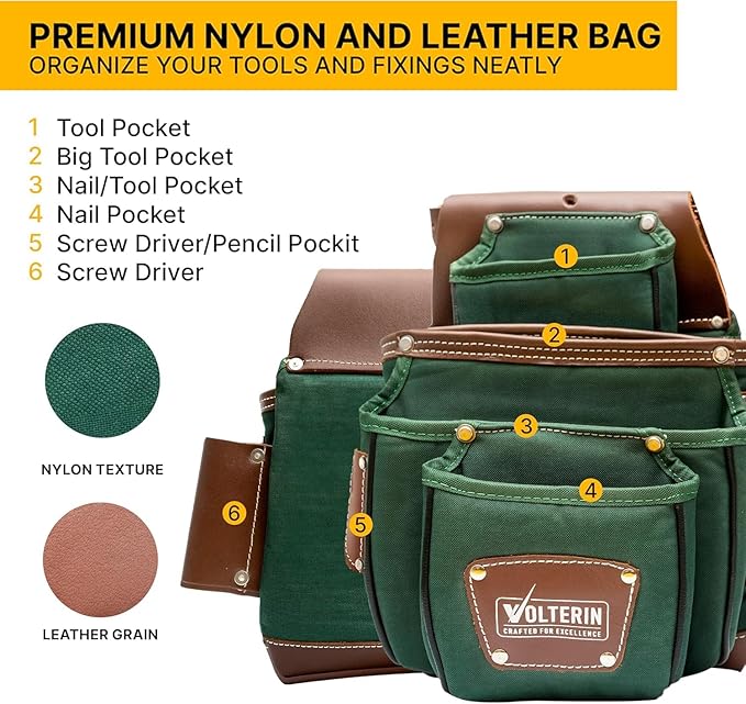 Leather & Nylon Tool Belt for Men – Heavy Duty 22-Pocket Framer’s Tool Bag for Carpenters & Electricians (Green, One Size)