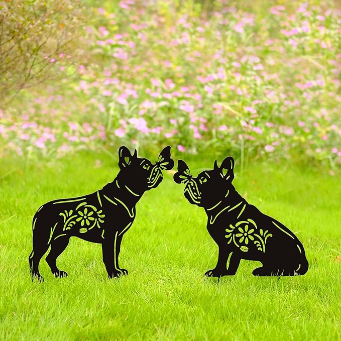 Bulldog Dog Metal Decor for Outside,Garden Stakes Decorative Dog Gifts for Women/Men,Black Silhouette Statues for Yard Ornaments,Lawn, Patio, Pathway,Outdoor Garden Decor