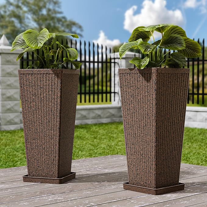 Tapered Tall Planters for Outdoor Plants 2 Pack- 23.6 Inch Heavy-Duty Classic Square Indoor Flower Pots with Drainage Holes/Partition/Tray, Large Outdoor Planters for Porch Patio, Brown