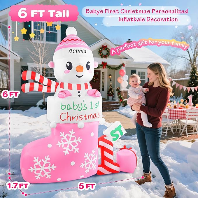 Christmas Inflatable Outdoor Decorations, 6 FT Inflatables Babys First Christmas Stocking Snowman Yard Decor, Built-in LED Light Blow up 1st Xmas DIY Name Ornament for Indoor Outside Lawn Garden(Girl)