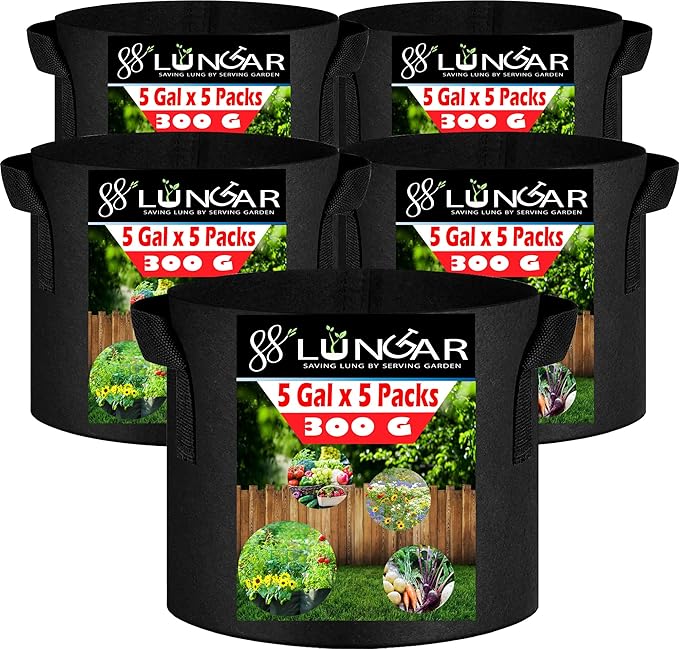 Plant Grow Bags - 5 Gallon 5 Packs Planter Pot, Thickest Aeration 300G Non-Woven Fabric, Reinforced Handles for Weatherproof Nursery Pot, Enhanced Double Seam