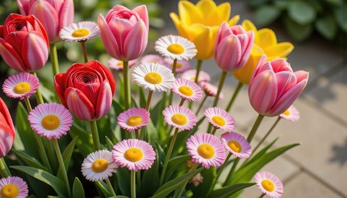 Tulips and Daisys - Pinks, Whites and Yellows - Get 10 Mixed Tulips and 200 Daisy Seeds