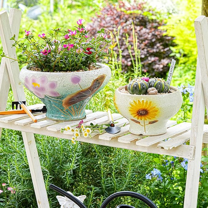 Sungmor 9.6 Inch Large Succulent Plant Pots, Pretty Hand Painted Ceramic Planter with Drainage, Indoor Outdoor Cactus Planter Bonsai Pot, Flower Pot for Indoor Plants Garden Windowsill Desktop Decor