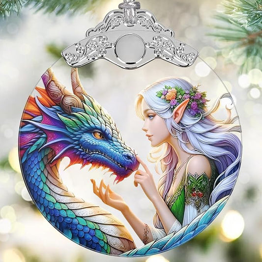 Enchanted Elf & Dragon Christmas Ornament - Stained Glass Hanging Decor - Tree Decoration - Gift for Friends, Sisters