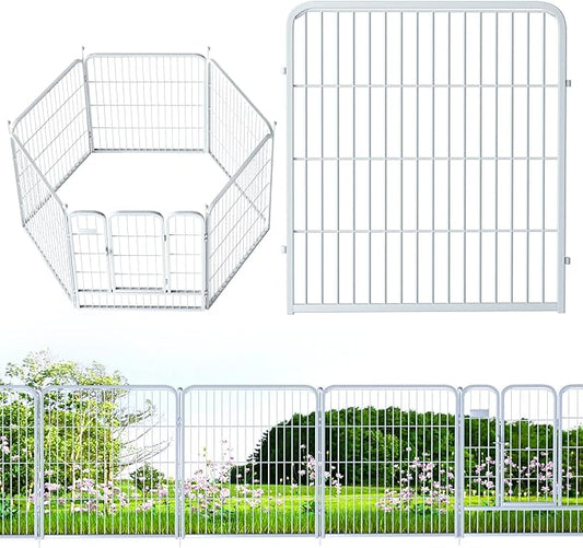 ZXMOTO White Outdoor Garden Fence 5 Panels with 1 Gate,32in (H) x 14ft (L) for Dogs Outside,Metal Wire Fencing Border Animal Barrier,Flower Edging for Yard Landscape Patio Decor, Square