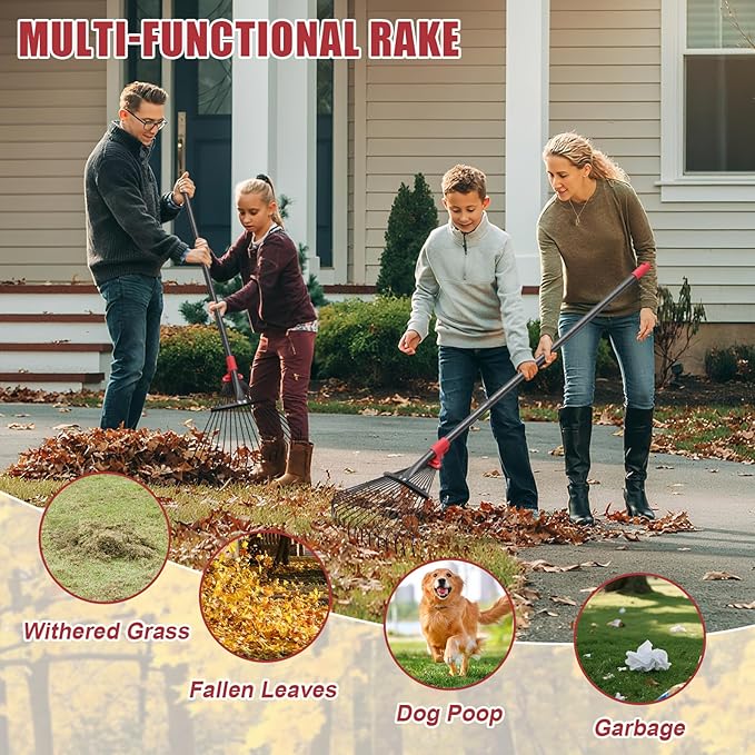 Garden Rake for Leaves: 55 Inch Adjustable Long Handle 18 Metal Tines with 8-17" Expandable Head Heavy Duty Metal Rake for Lawns Leaves Yard Grass Camping Debris
