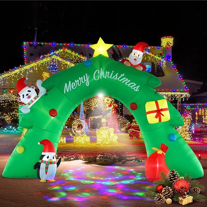 16FT Christmas Tree Arch Inflatable Christmas Decoration with LED Lights and Kaleidoscope Lights for Holiday Celebration Decorations on Yard, Lawn and Patio