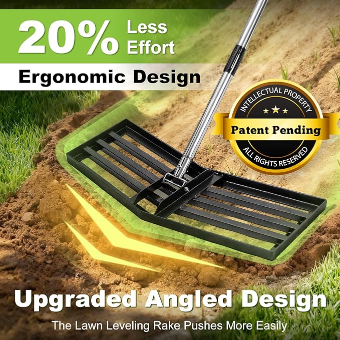 Labor-Saving Design Lawn Leveling Rake [Patent-Pending], 30"x10" Stainless Steel Yard Leveling Rake, 70" Adjustable Handle, Sand Leveling Rakes for Soil, Ground Leveler for Yard, Garden, Farm, Pasture