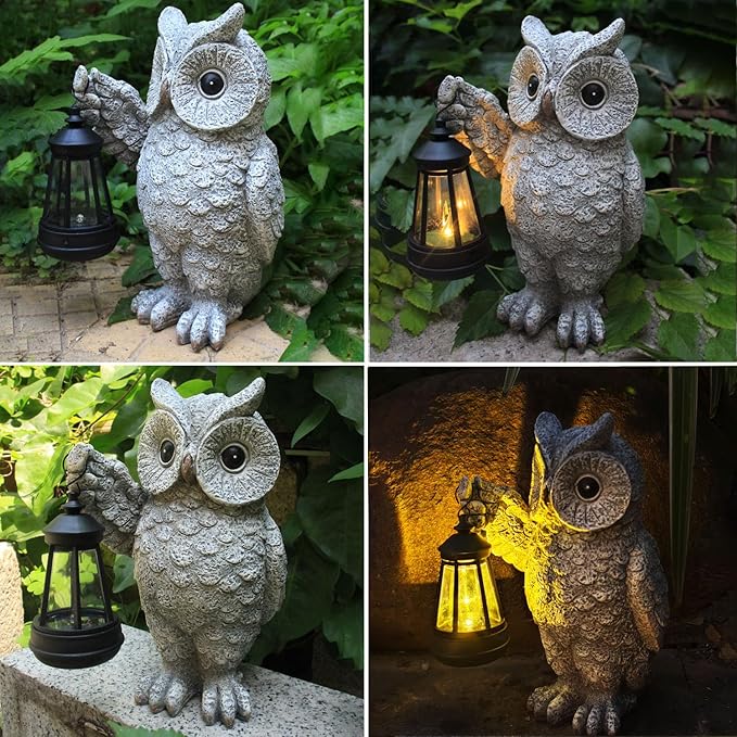 GUANFU Garden Statues, owl Outdoor Figurines Decorated with Solar Lights, Unique Christmas Birthday Gifts for Moms, Grandmas, Women, Wives, Sisters (Grey Owl1)