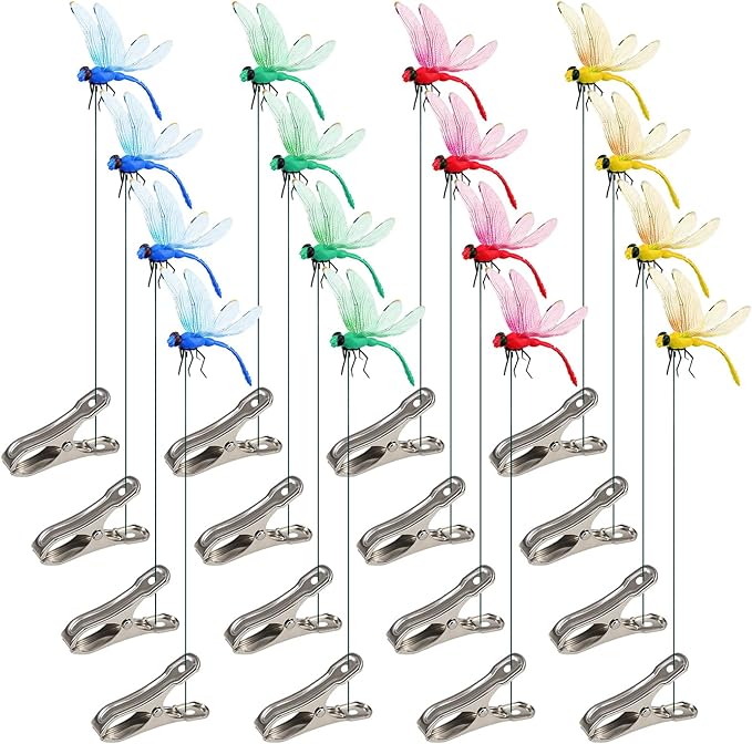 16 Pack Fake Dragonfly Clips, 3D Dragonfly Garden Stakes Decor Dragon Fly Hat Clip Dragonfly Humming Bird Stakes Deer and Horse Bird and Fly Scare Devices Repellent Accessory for Gardening Patio Yard