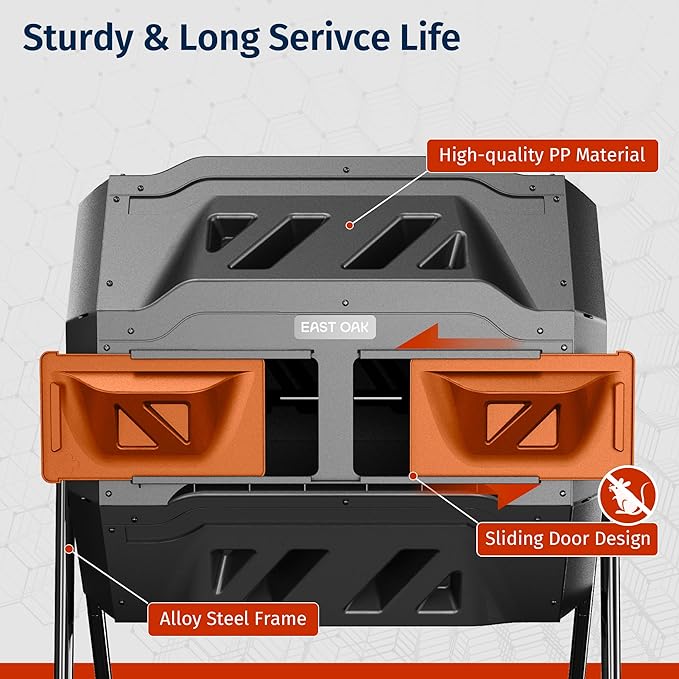 East Oak Compost Tumbler Outdoor, 43-Gallon Tumbling Compost Bin with 2 Sliding Orange Doors & Aeration System, Tumbling Rotating Composter Bin for Kitchen, Garden, Yard,