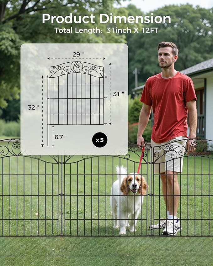 5 Panels No Dig Decorative Outdoor Garden Fence, 32 in(H) X 11.8 ft(L) Animal Barrier Fencing, Rustproof Portable Fence, Temporary Dog Fence Outdoor for Yard, Outside, Backyard, Patio