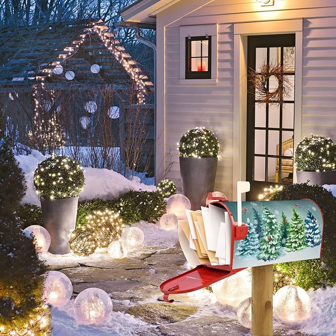 Pine Tree Winter Welcome Christmas Mailbox Cover, Xmas Cardinal Snow 25.1" Lx 21" W Magnetic Mailbox Cover, Green Forest Red Bird Large Post Letter Box Wrap Decoration for Yard Garden
