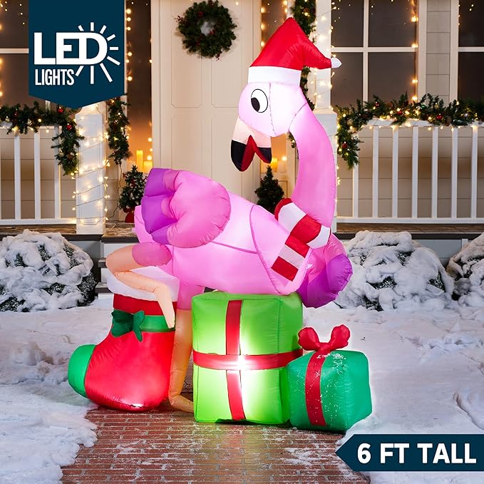 Joiedomi 6 FT Christmas Flamingo with Gift Box Inflatable Decorations with Build-in LEDs Blow Up Elegant Flamingo Inflatables for Xmas Party Indoor, Outdoor, Yard, Garden, Lawn Décor, Holiday Season