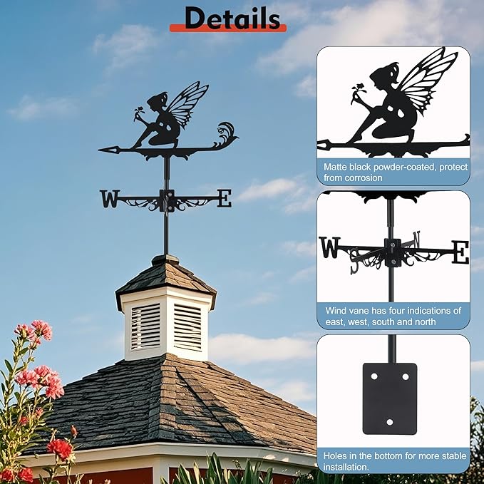Fairy and Flower Weather Vane, Black Metal Weathervane Roof Mount, Wind Direction Indicators Wind Measuring Tool Outdoor, Wind Vane Ornament Decoration for Shed Garden Yard Farmhouse Patio Decor