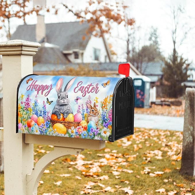 Spring Easter Magnetic Mailbox Cover Bunny Eggs Mailbox Cover Magnetic Standard Size 21 X 25.5 Inch Butterfly Flowers Mailbox Post Cover Mailbox Wraps Mailbox Decor for Home Garden Outdoor Yard