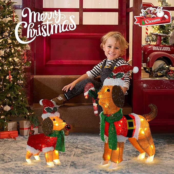 Christmas Decorations Outside Non-Collapsible Lights Christmas 2PCS Dogs Lighted with LED Warm Lights for Yard Lawn Porch Garden Living Room Bedroom Indoor Outdoor