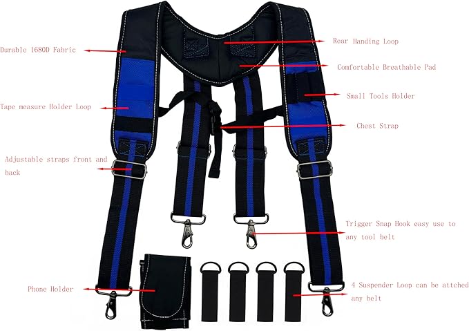 Tool Belt Suspender for Men 4 Point Padded with Attachment Loops, WristBand Pouch Pocket for Construction Worker