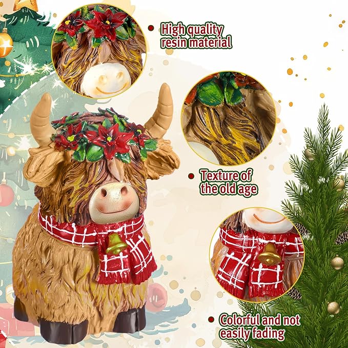 2 Pack Christmas Highland Cow Decor Resin Highland Cow Figurine Christmas Cows Gnomes with Santa's Hat Scarf Resin Statue for Garden Table Shelf Home Decor Calf Gnome Herd Gifts