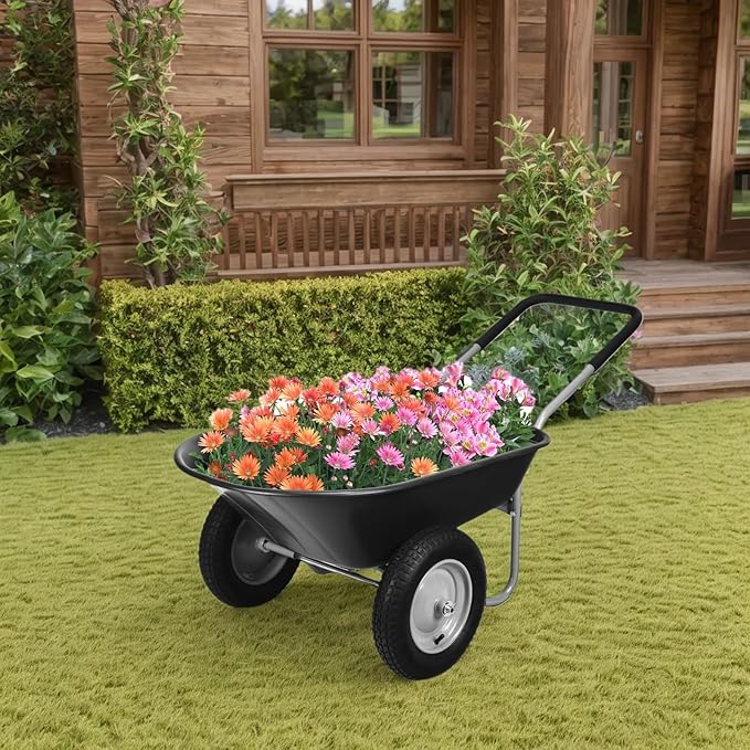 ERGOMASTER Dual-Wheel Wheelbarrow, Home Utility Garden Cart, 330 LBS Capacity, Large Heavy Duty Yard Cart for Gardening & Planting, Lawn, Farm, Construction Site, Black