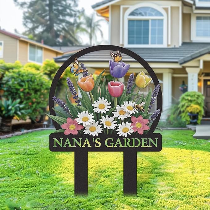 Personalized Garden Signs, Colorful Flowers Garden Decor for Outside, Decorative Yard Stakes, Metal Yard Art, Patio Decor, Custom Last Name Sign, Lawn Art, Gardening Gifts Color01