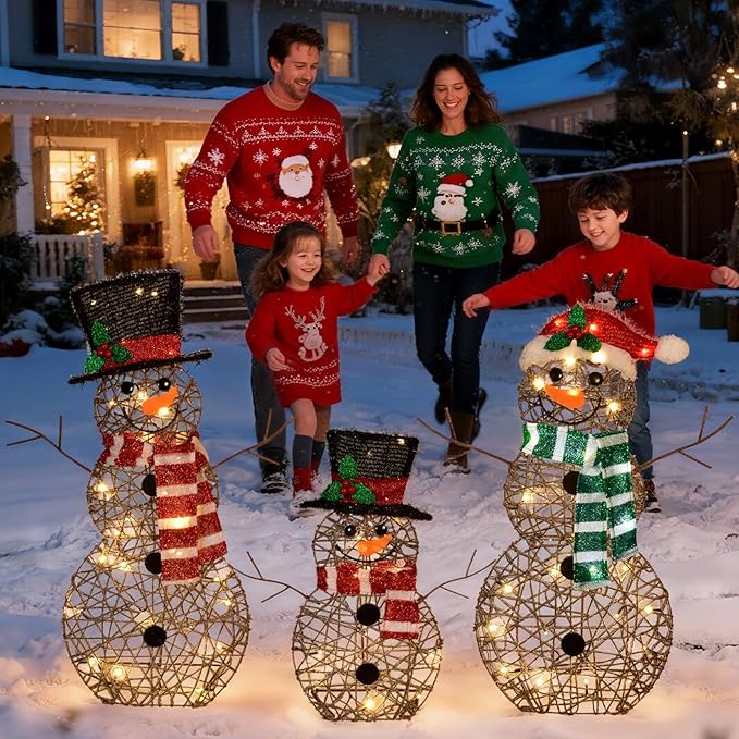 3-Piece Lighted Snowman Family Set - Large 2D Outdoor Christmas Yard Decoration with 80 Warm White LED Lights, Holiday Display for Lawn & Garden - Rattan