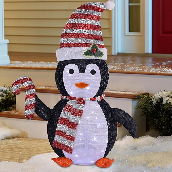 Juegoal Lighted Christmas Penguin Decorations, 2.5FT / 30Inch Outdoor Collapsible Black Penguin with Built-in Lights, Pre-Lit Pop Up Xmas Red Hat Penguin, Light Up for Holiday New Year Winter Decor